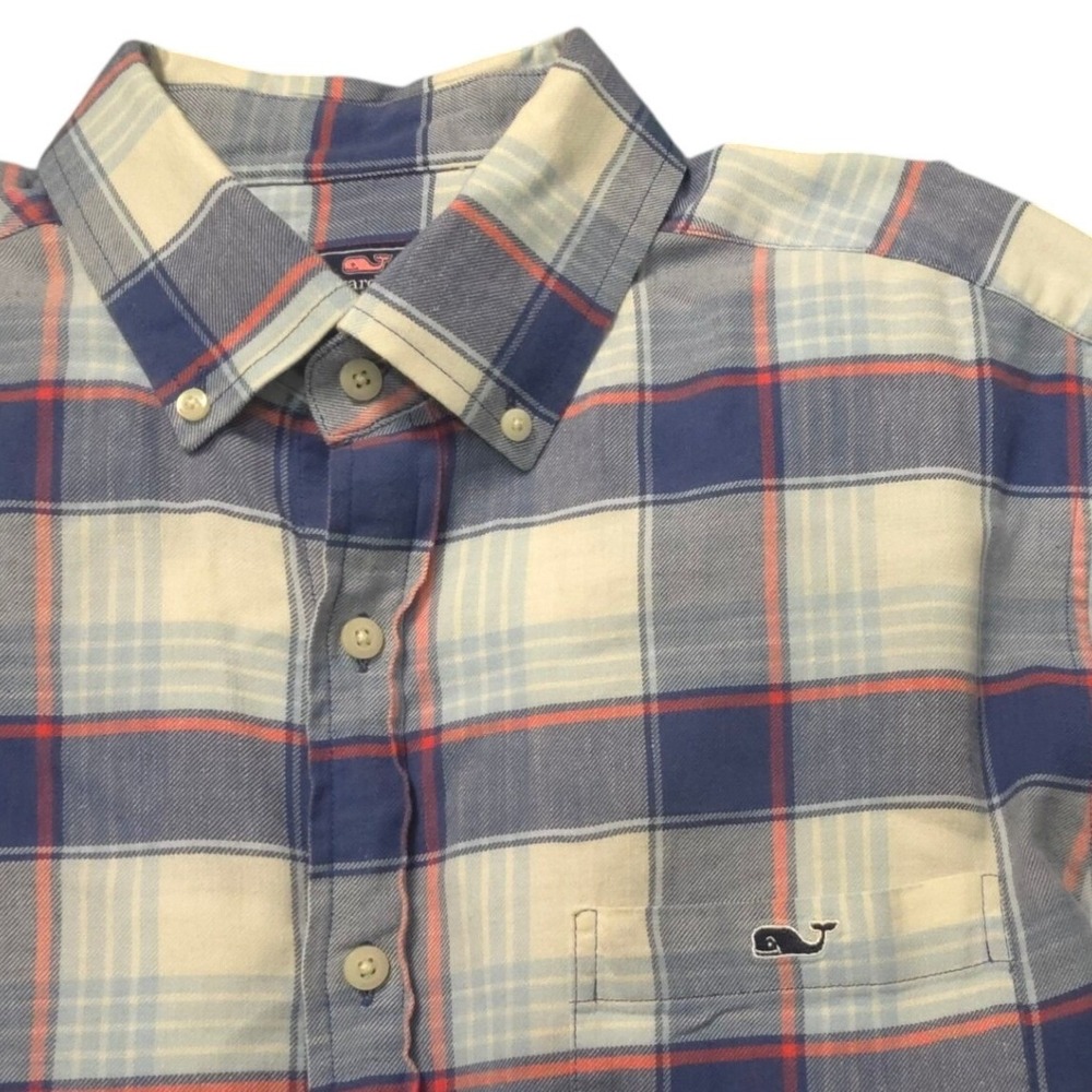 Vineyard Vines Mens Large Blue Plaid Cotton Linen Classic Fit Tucker Shirt SS